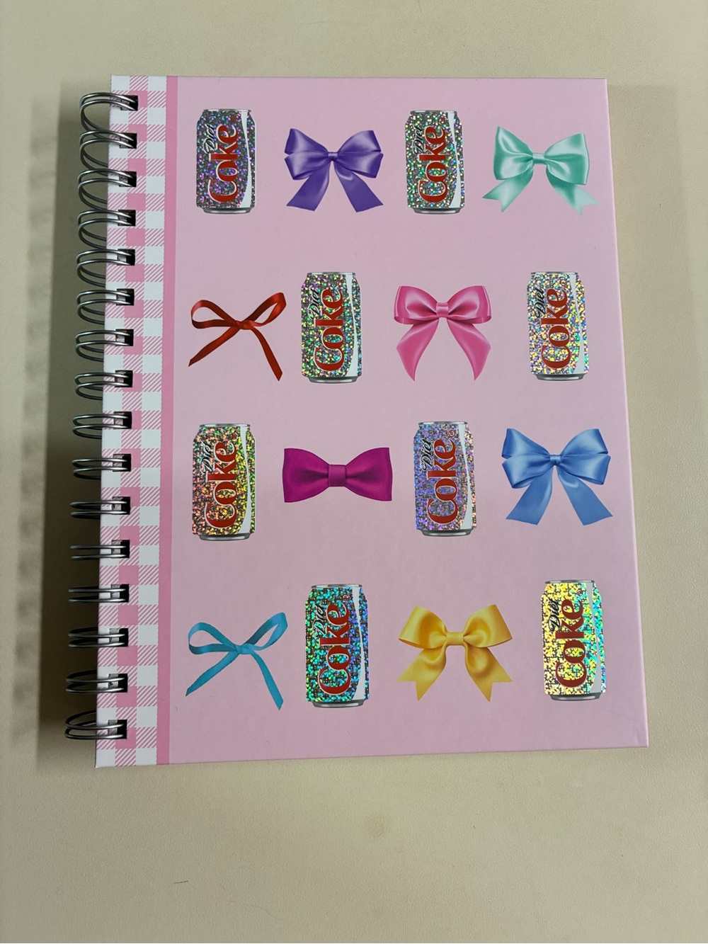 Diet Coca Cola Pink Notebook with Holographic Can Stickers and Multicolor Bows
